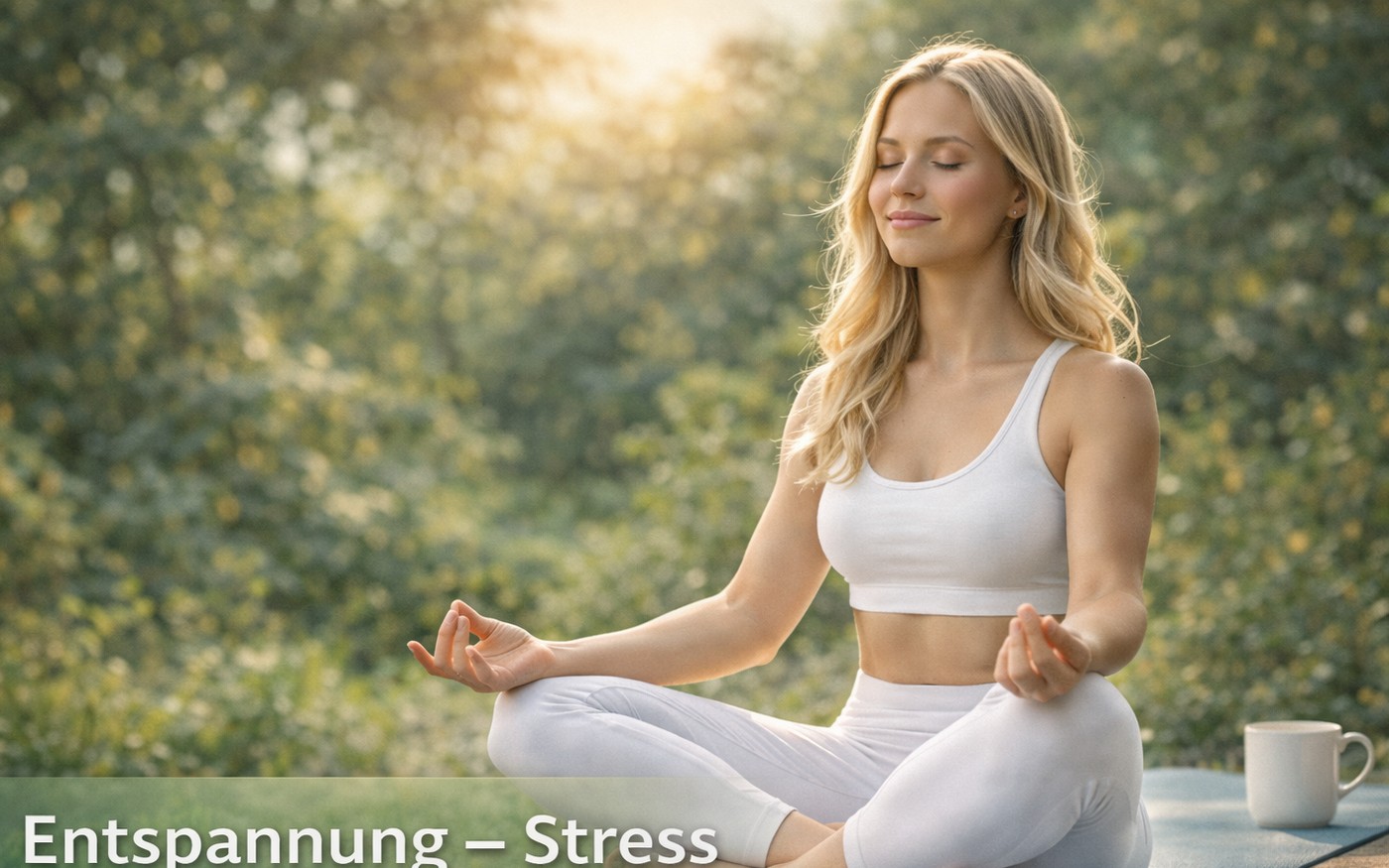 Entspannung: blonde junge Frau in weißer Leggings, ruhig und fokussiert